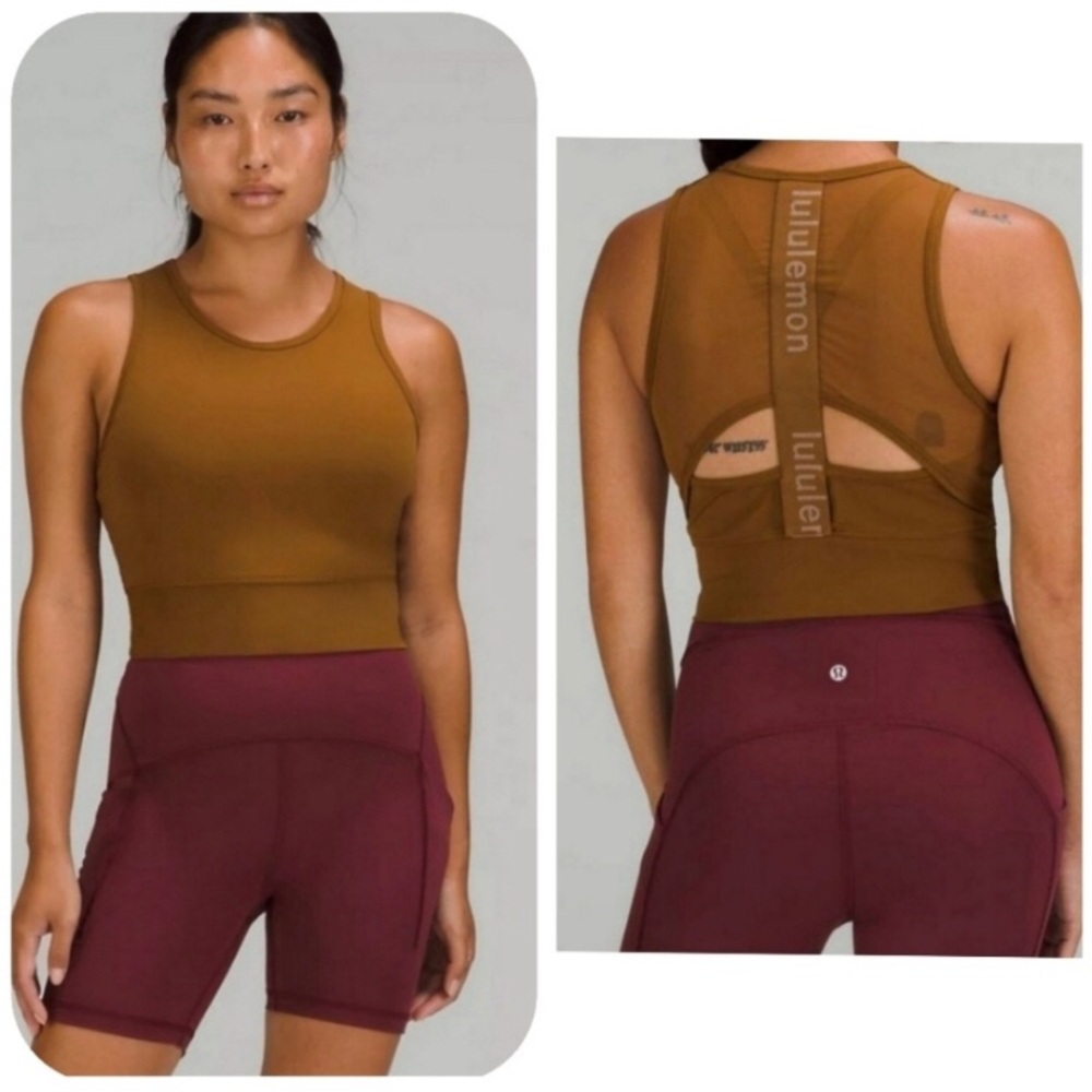 Lululemon Mesh Back Cropped Training Tank Rich Caramel Logo Graphic 2 XS